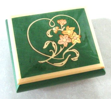 Inlaid Heart and Flowers on Small Green Musical Box (1.18)