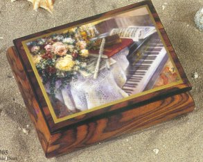 Lena Lui's design of a Flute, Music, Flowers and Piano grace the lid of  Mahogany Music Box