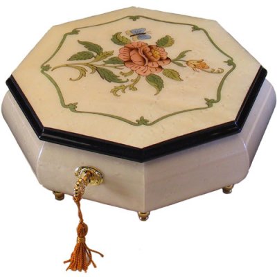 White Octagon Jewelry box with Rose and Butterfly Inlay (1.18)