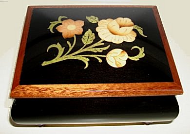 Floral Inlay on Small Black Square Musical Box(1.18)