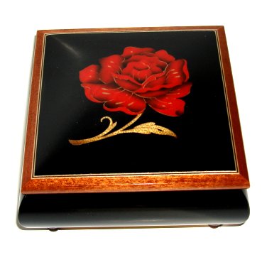 Red Rose Inlay with elm boarder on Black Lacquer Musical Box (1.18)