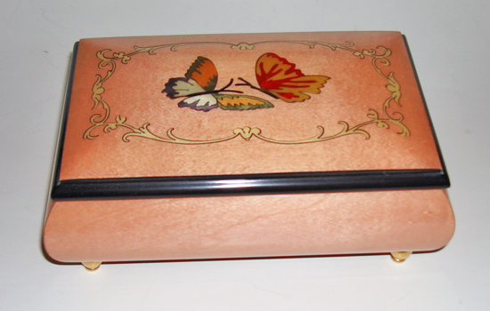 Italian Inlaid Arabesque Design  with Two Butterflies on Pink Music Box 