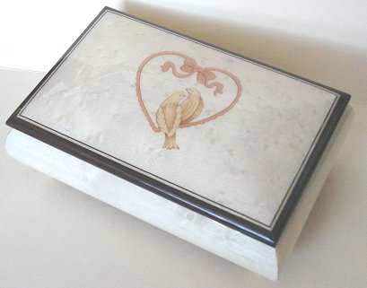 White Musical Box with Inlaid Doves in Heart (1.18)