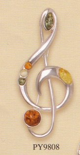 Amber and Sterling Treble Clef Brooche