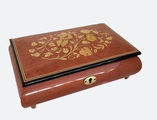 Inlaid Flowers on Mauve Musical Box with lock and key