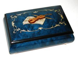 Blue Musical Box with Baroque Border and Center Instrument Inlay 