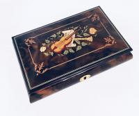 Instrument Inlay with Ornate Border on Dark Elm Music Box 