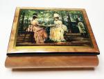 Decoupage of Two Victorian Ladies conversing on lid of elm music box