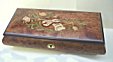 Large Elm Box Featuring Inlaid Musical Instruments on Lid